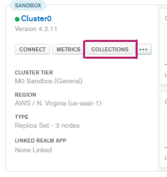 The MongoDB Cluster window with the 'collections' button highlighted.