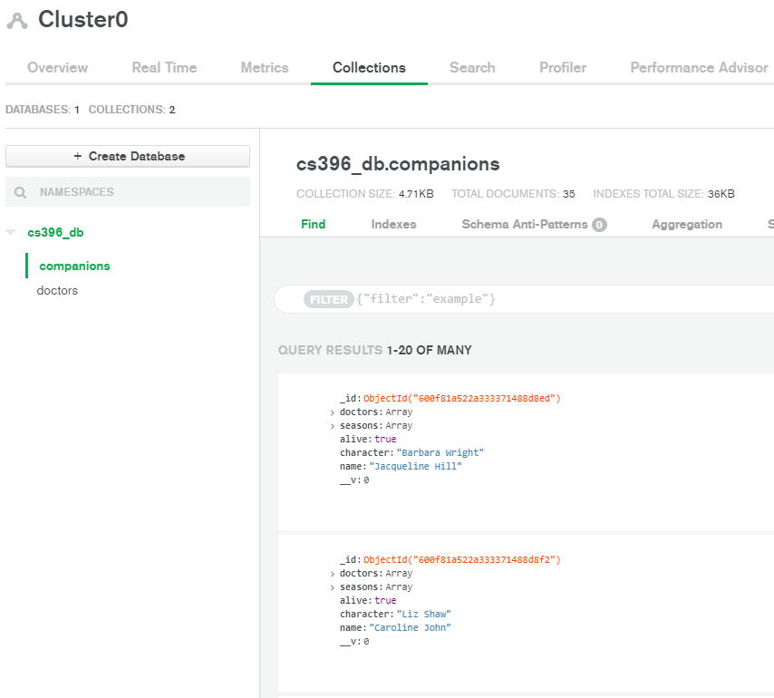 MongoDB collections window showing JSON-formatted data.